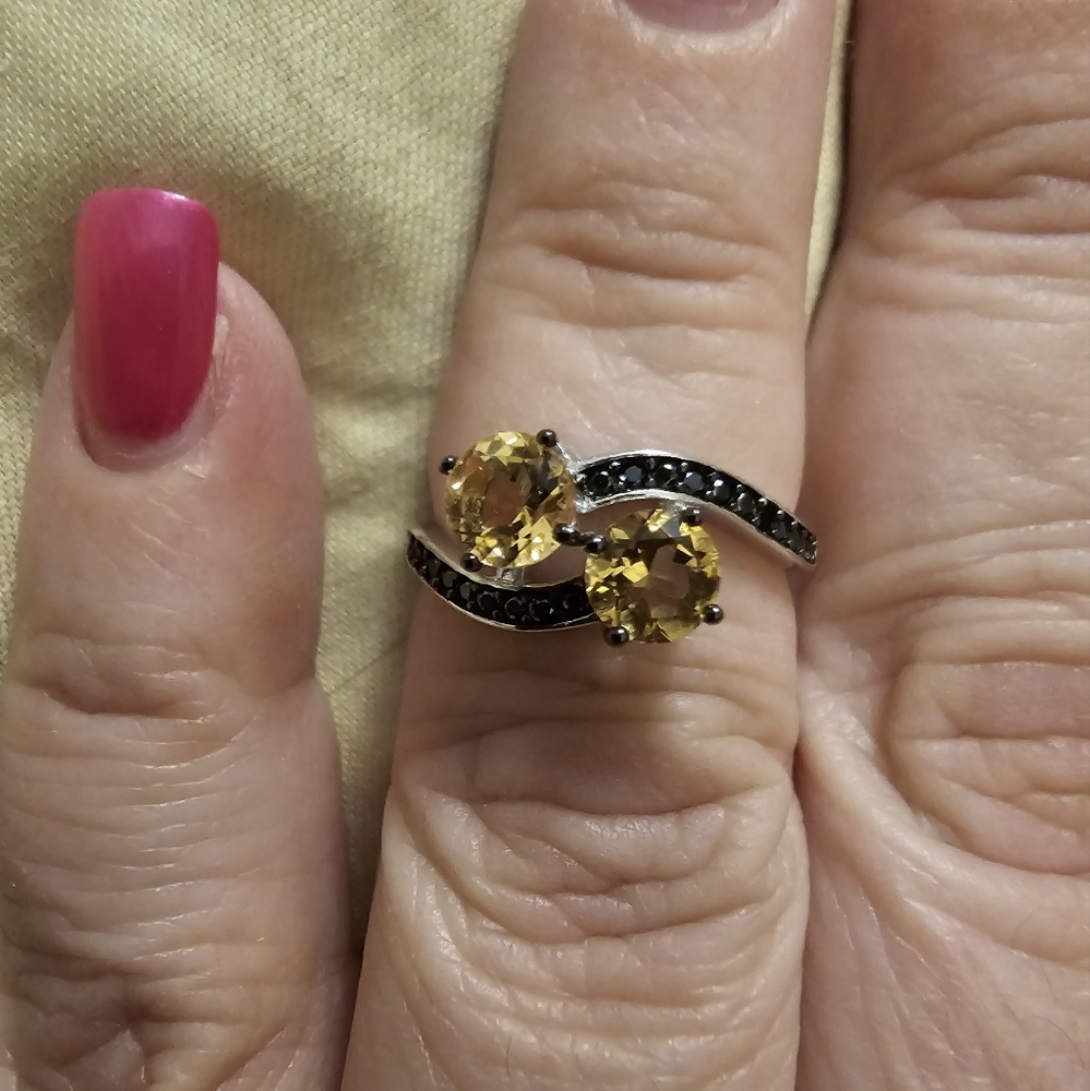 Sz 7, Citrine & Black Spinel Bypass Ring, 925 Silver, Black Rhodium, NWT